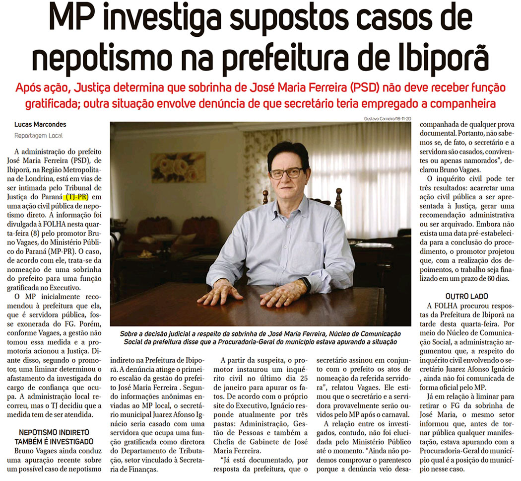 MP investiga supostos casos de nepotismo na prefeitura de Ibiporã 