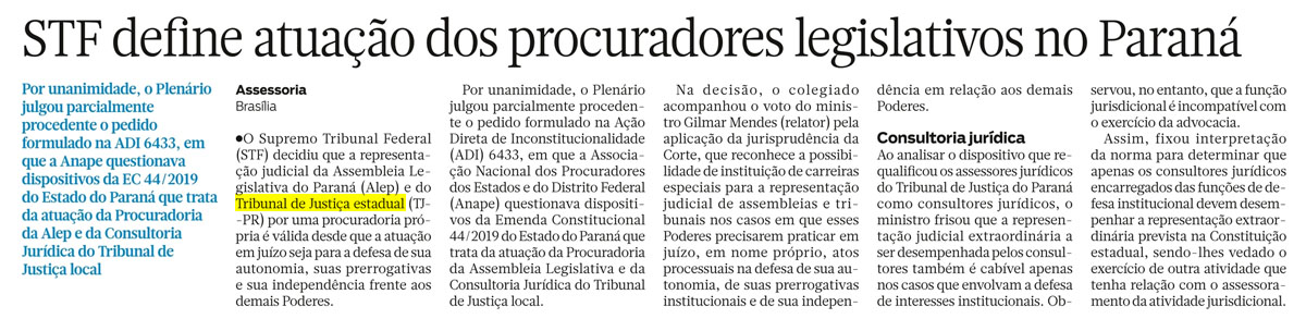 STF define atuação dos procuradores legislativos no Paraná 