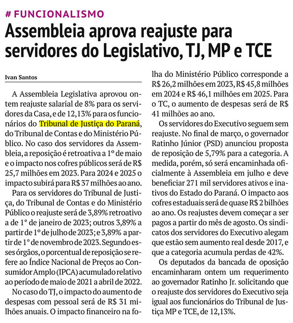 Assembleia aprova reajuste para servidores do Legislativo, TJ, MP e TCE
