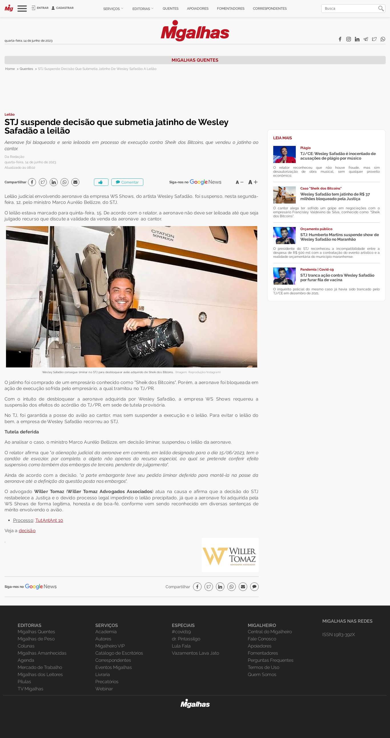 STJ suspende decisão que submetia jatinho de Wesley Safadão a leilão