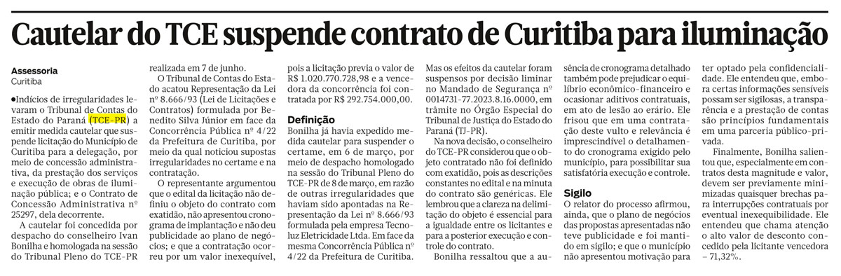 Cautelar do TCE suspende contrato de Curitiba para iluminação