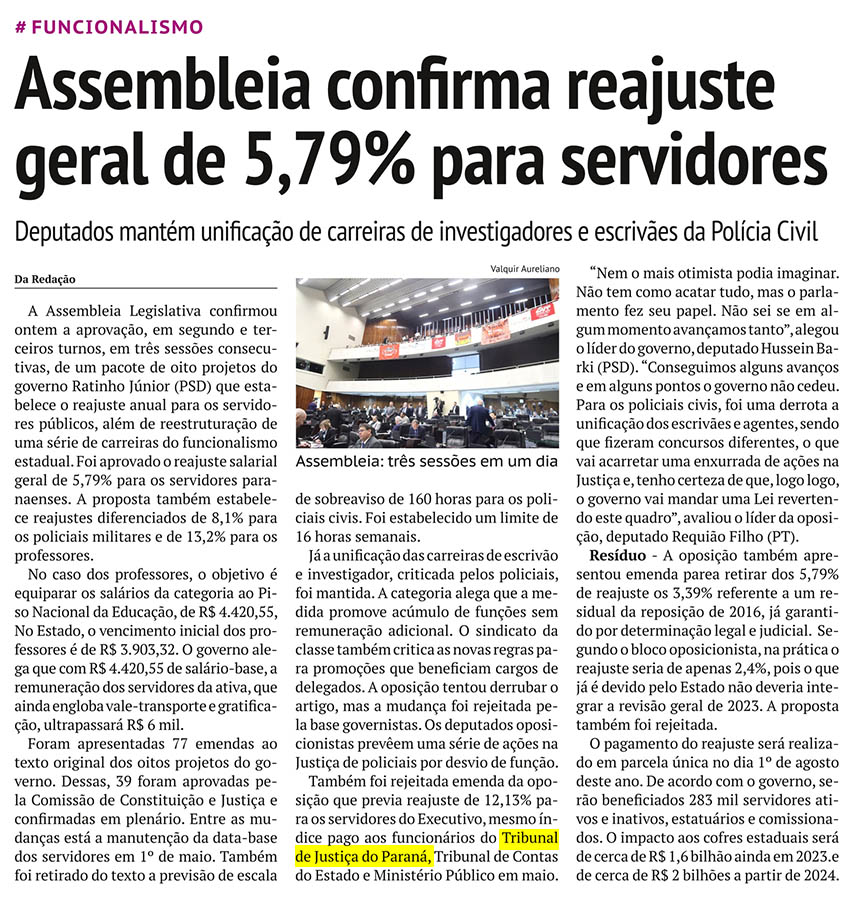 Assembleia confirma reajuste geral de 5,79% para servidores