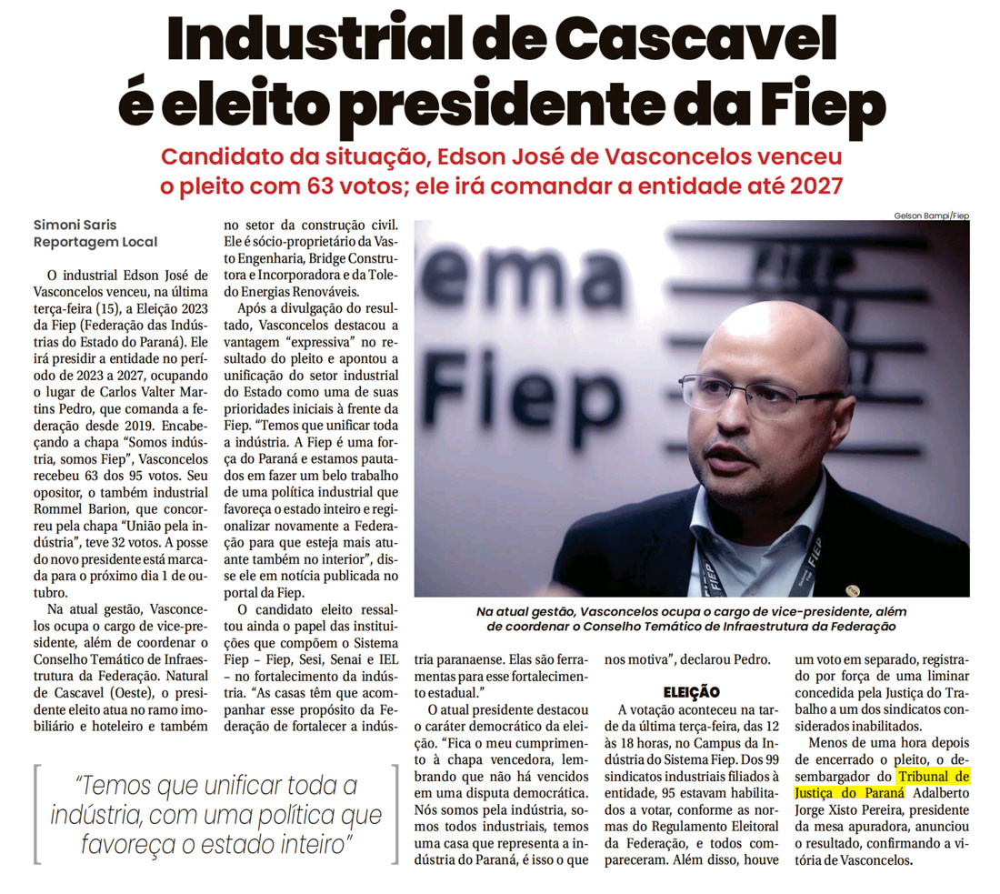 Industrial de Cascavel é eleito presidente da Fiep