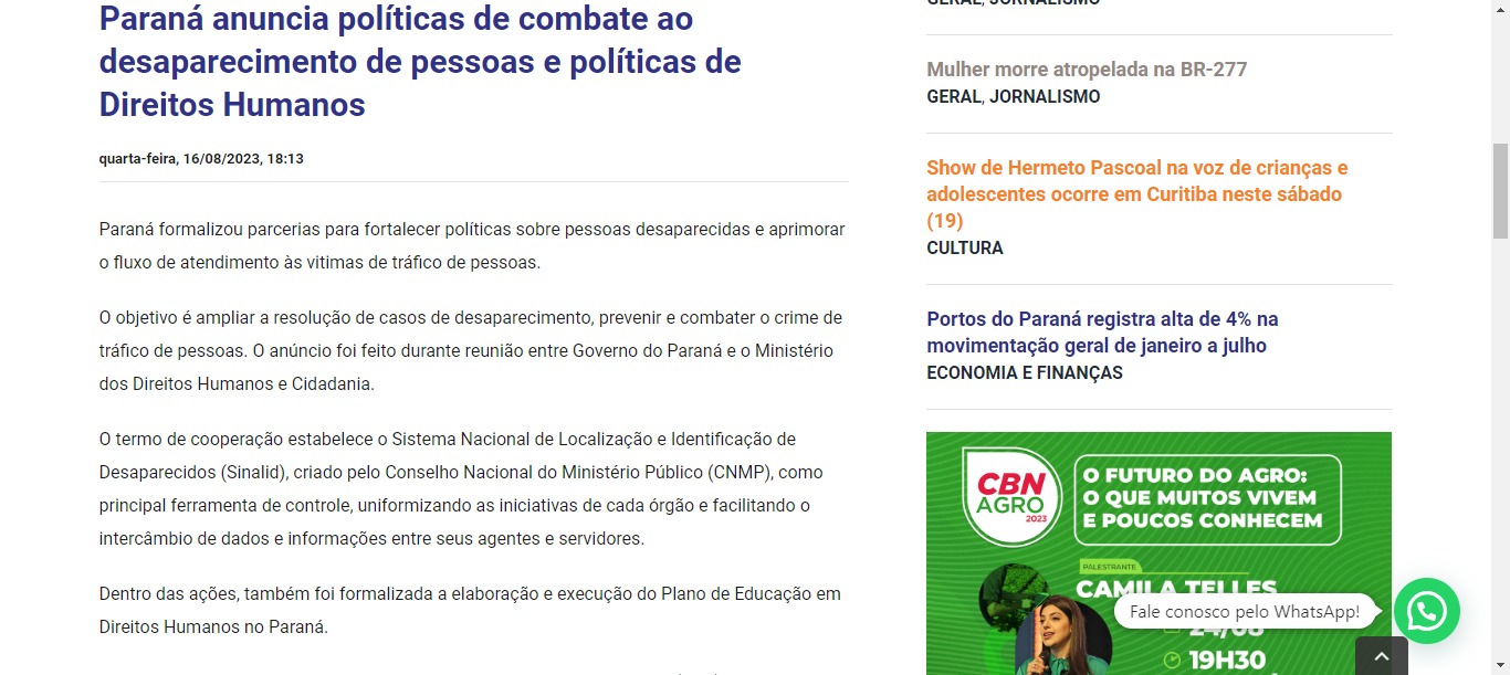 Paraná anuncia políticas de combate ao desaparecimento de pessoas e políticas de Direitos Humanos