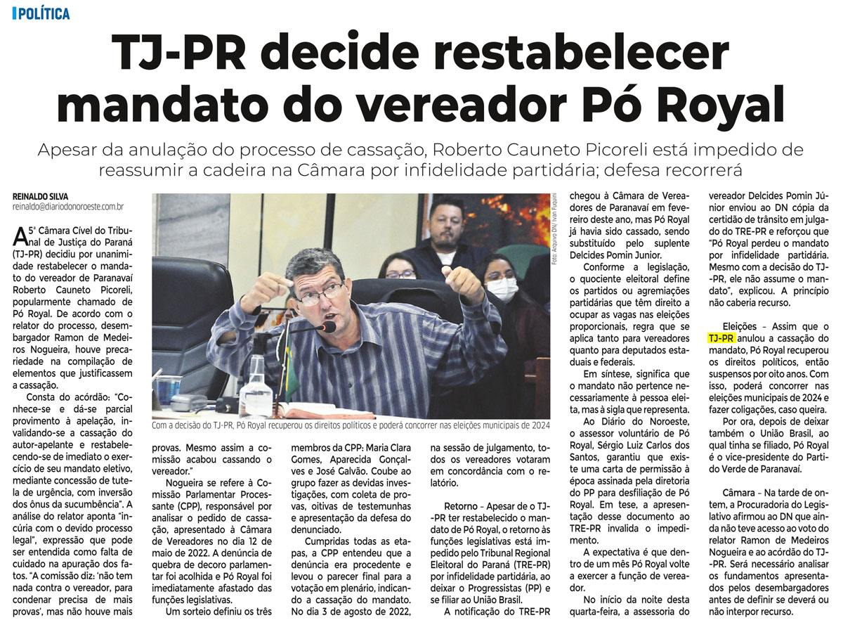 TJ-PR decide restabelecer mandato de vereador Pó Royal