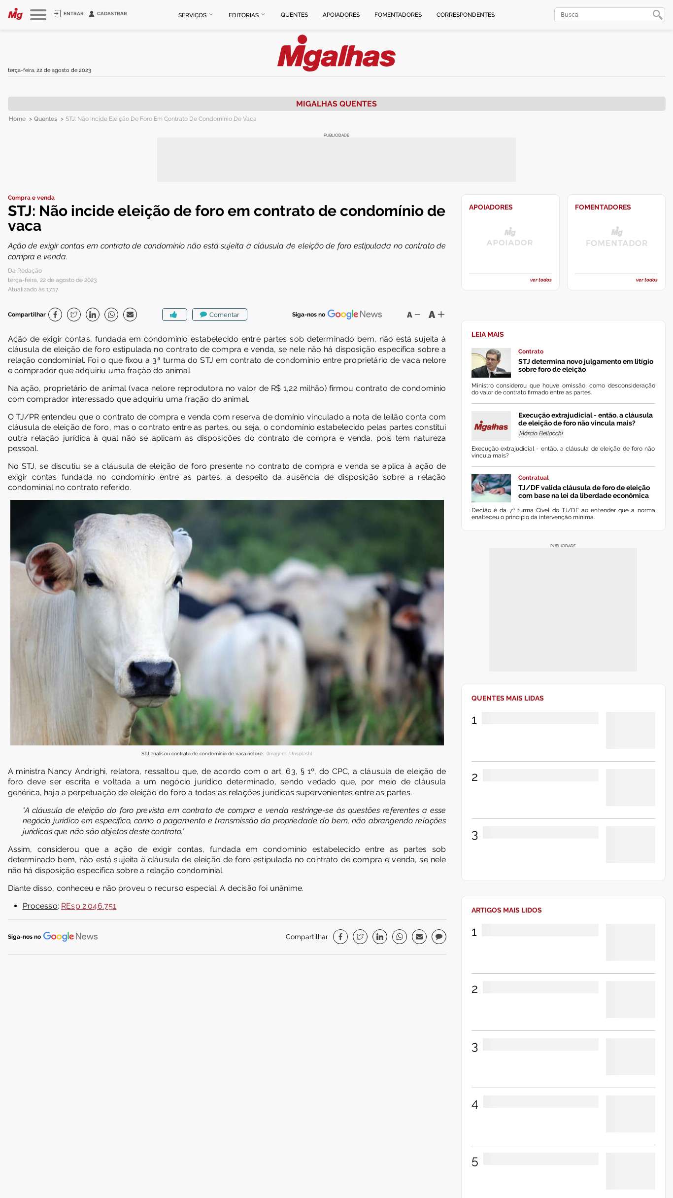 STJ: Não incide eleição de foro em contrato de condomínio de vaca