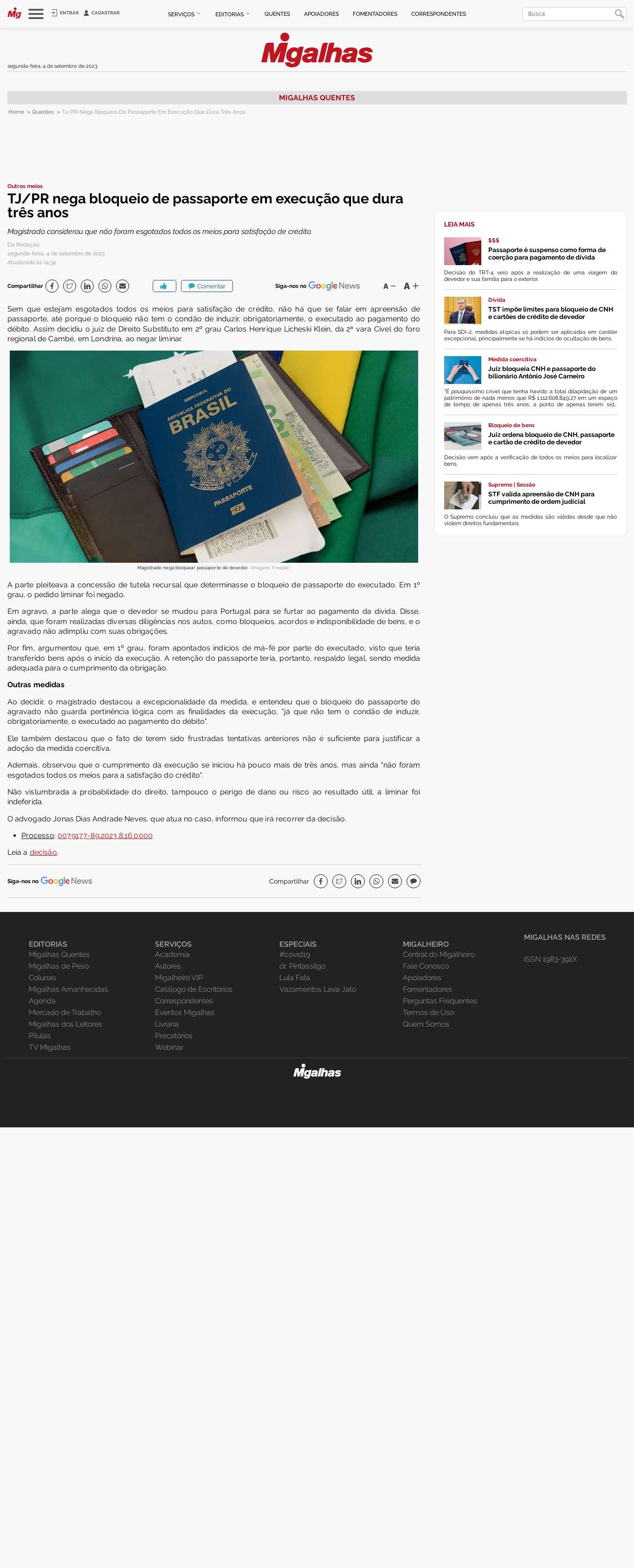 TJ/PR nega bloqueio de passaporte em execução que dura três anos