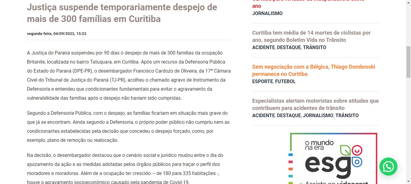 Justiça suspende temporariamente despejo de mais de 300 famílias em Curitiba