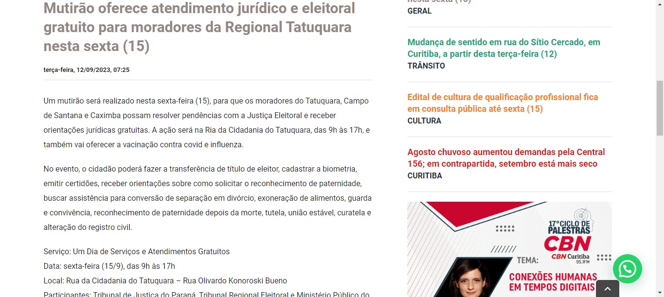 Mutirão oferece atendimento jurídico e eleitoral gratuito para moradores da Regional Tatuquara nesta sexta (15)