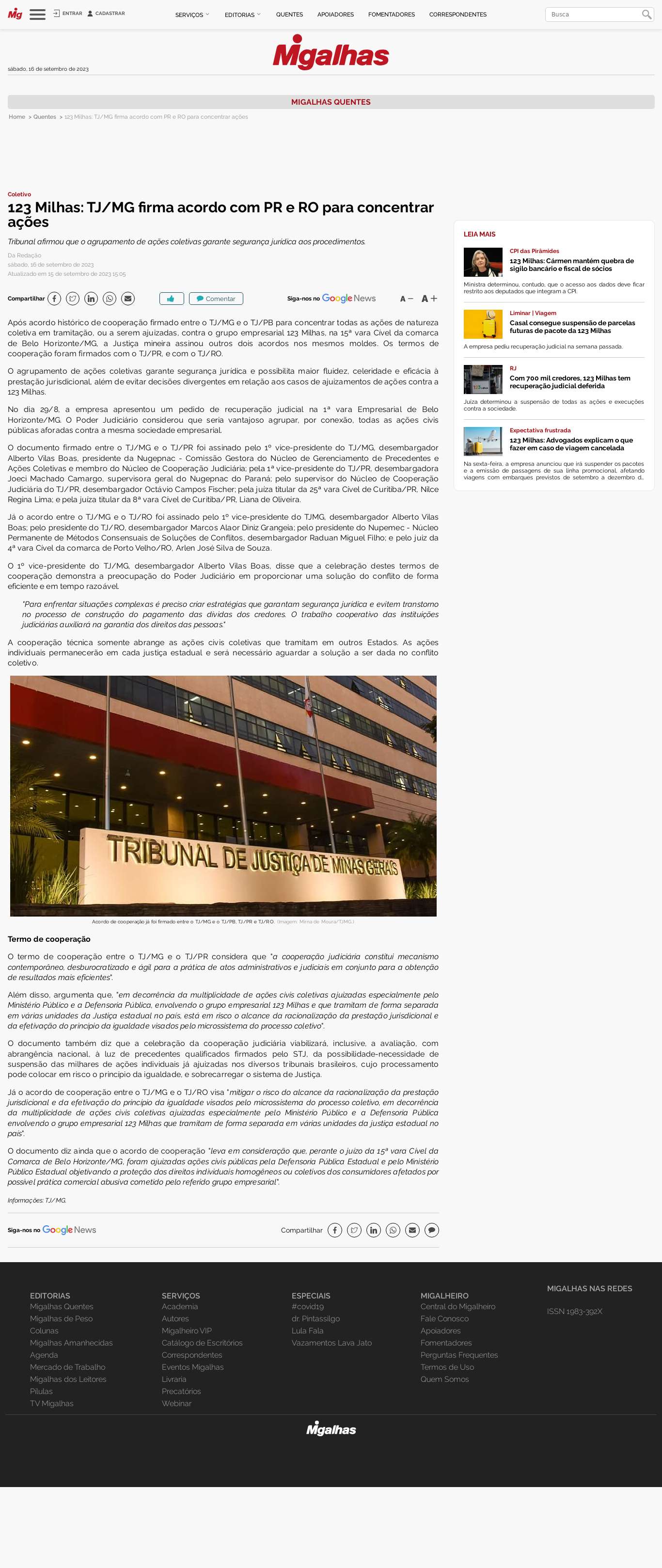 123 Milhas: TJ/MG firma acordo com PR e RO para concentrar ações