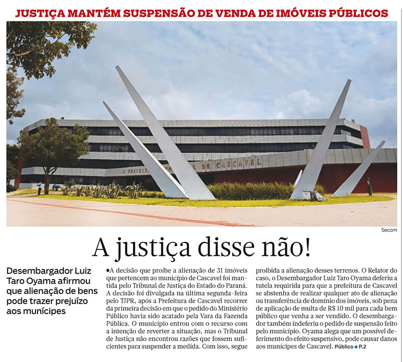 Justiça mantém suspensão de venda de imóveis públicos em Cascavel - image 0