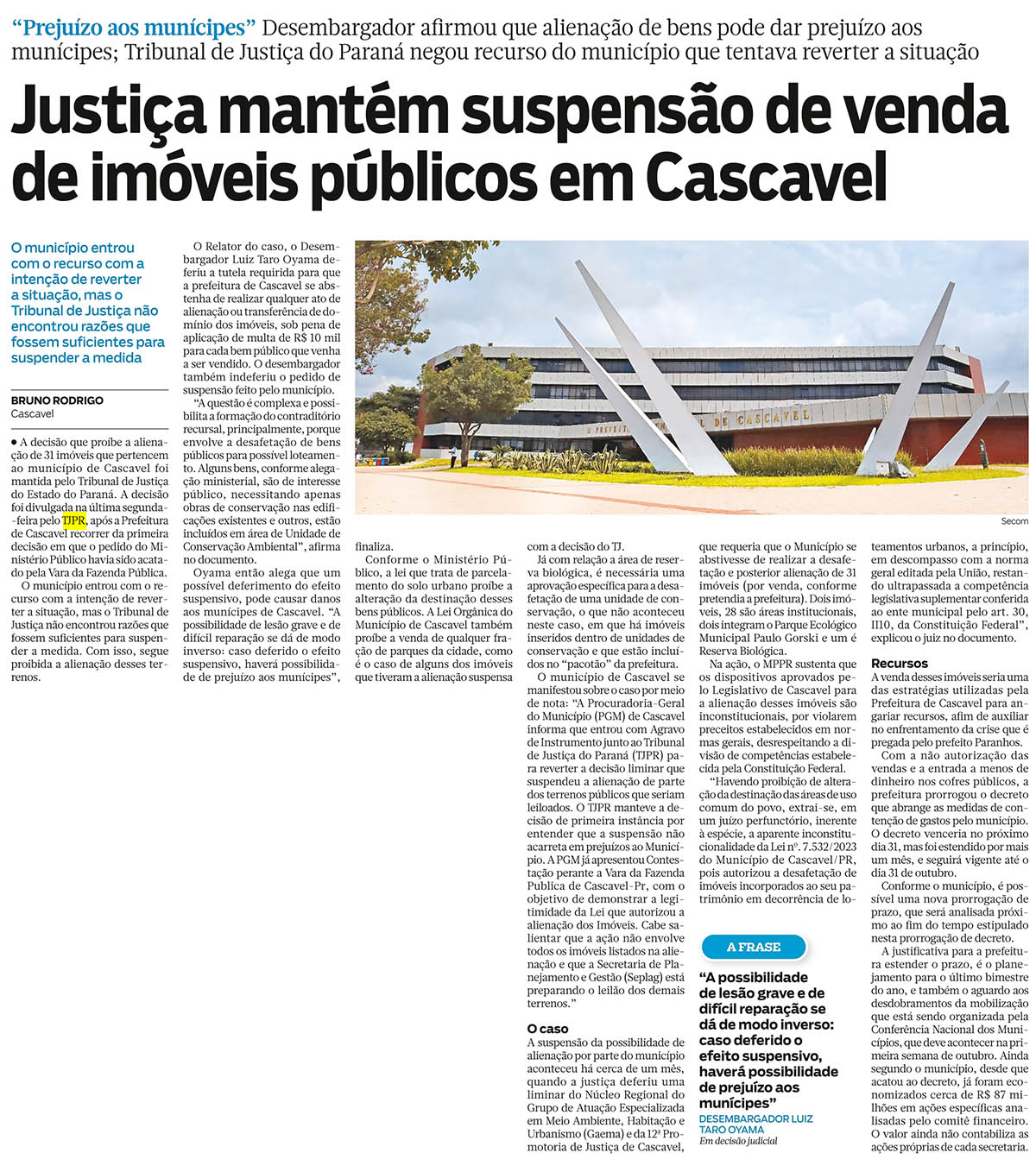 Justiça mantém suspensão de venda de imóveis públicos em Cascavel - image 1