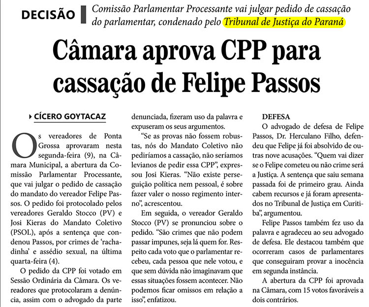 Câmara aprova CPP para cassação de Felipe Passos