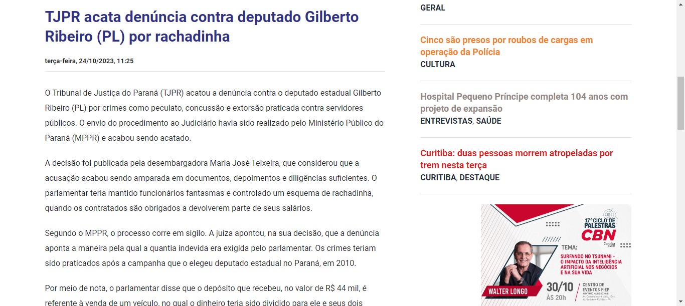 TJPR acata denúncia contra deputado Gilberto Ribeiro (PL) por rachadinha