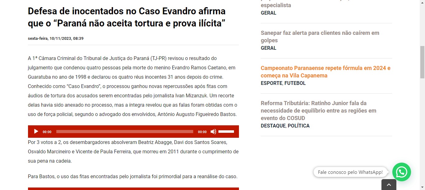 Defesa de inocentados no Caso Evandro afirma que o “Paraná não aceita tortura e prova ilícita”