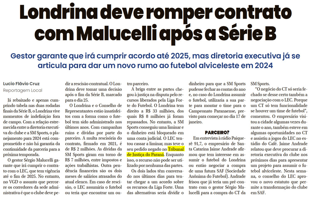 Londrina deve romper contrato com Malucelliapós a Série B