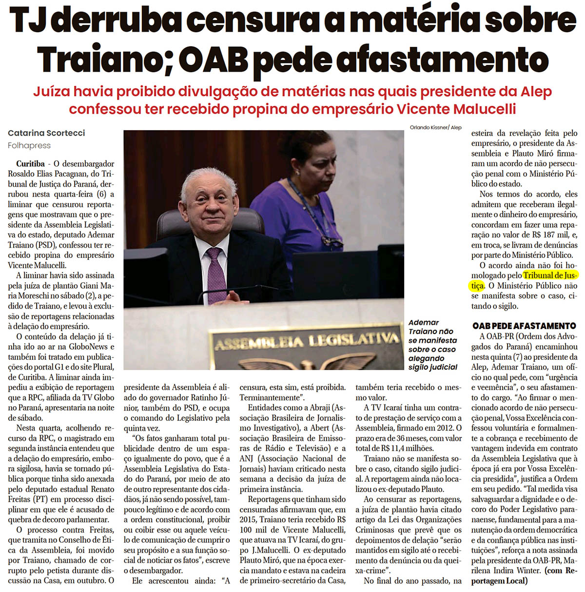 TJderruba censura a matéria sobre Traiano; OAB pede afastamento