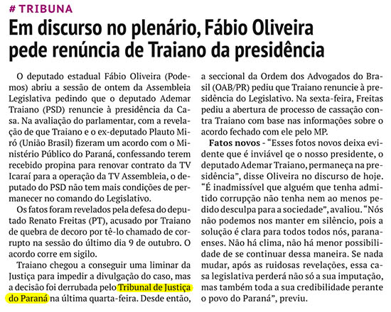 Em discurso no plenário, Fábio Oliveira pede renúncia de Traiano da presidência
