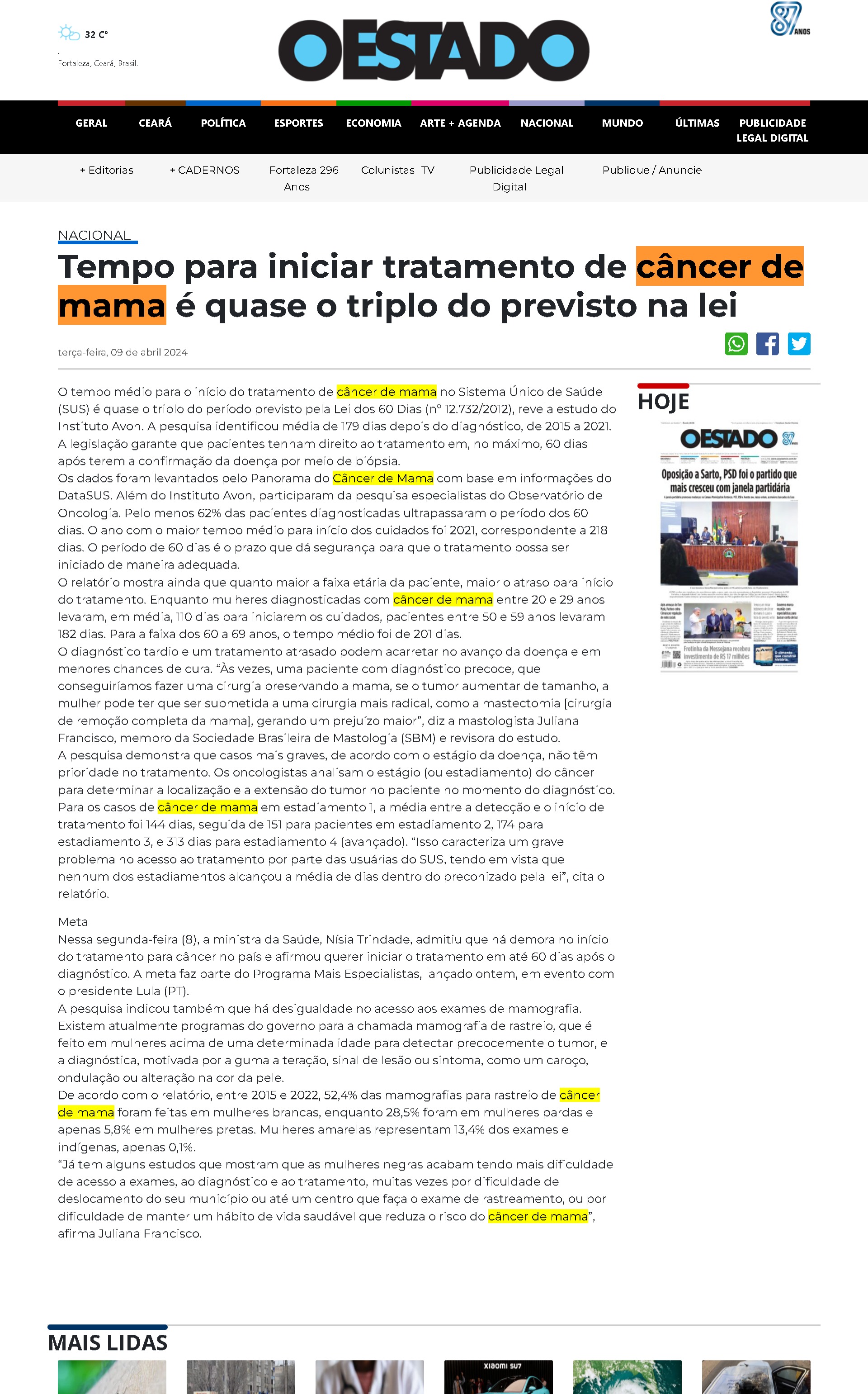 Tempo para iniciar tratamento de câncer de mama é quase o triplo do previsto na lei